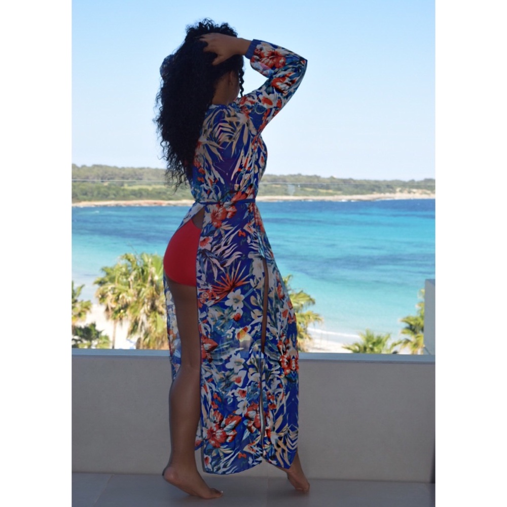 Gorgeous long sleeved kimono maxi swim coverup